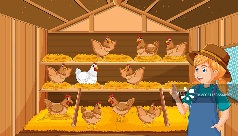 快乐的农场女孩在鸡舍里图片素材