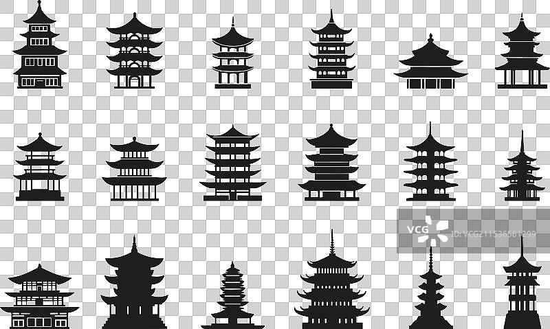 日本塔楼剪影黑色图标集图片素材