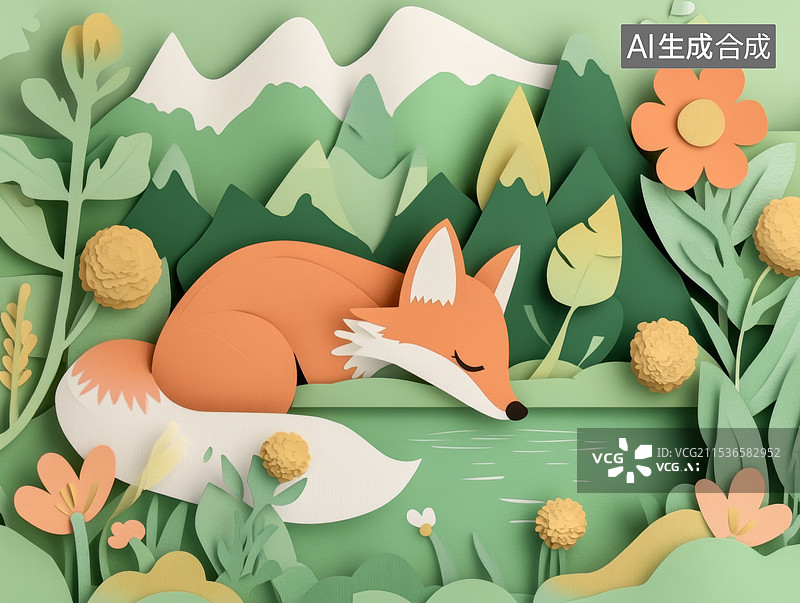 【AI数字艺术】立体剪纸春天的小狐狸在花丛中图片素材