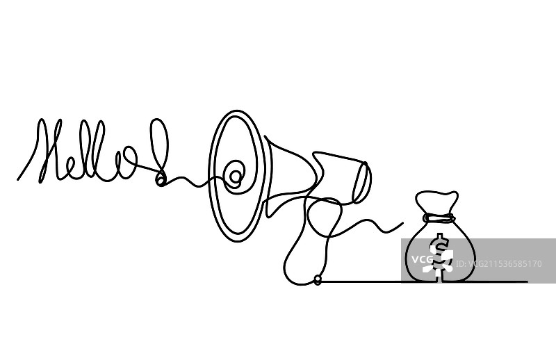 抽象的扩音器和美元符号作为连续线条图片素材