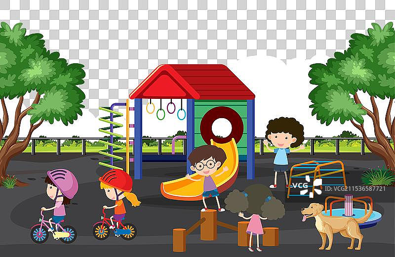 生动的卡通画，孩子们在游乐场玩耍图片素材