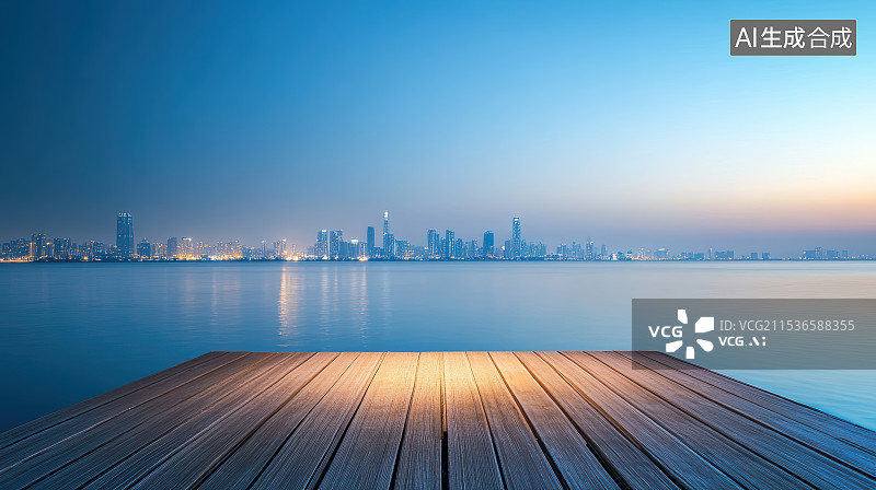 【AI数字艺术】城市天际线与木质平台图片素材