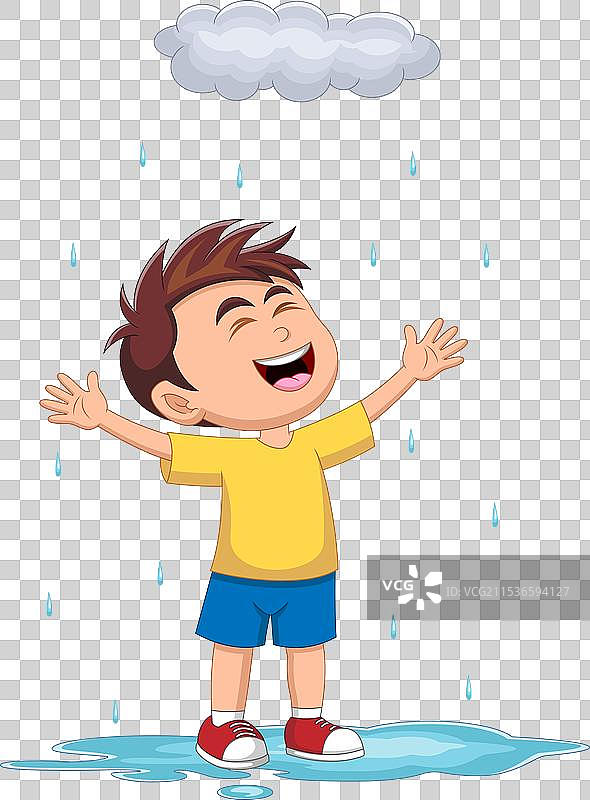 可爱的小男孩在雨中玩耍的卡通画图片素材