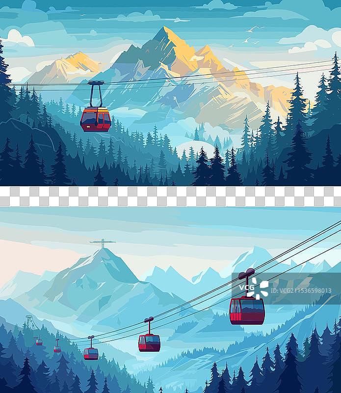 缆车卡通场景与岩石图片素材