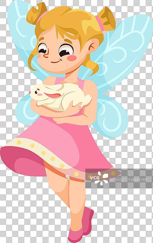 可爱的仙女和小精灵带着翅膀抱着兔子图片素材