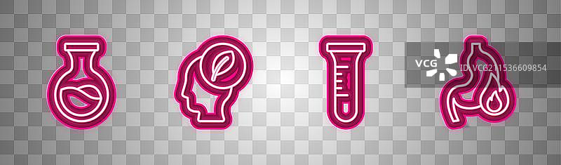 试管和烧瓶的线条图，带有叶子的人的头部图片素材