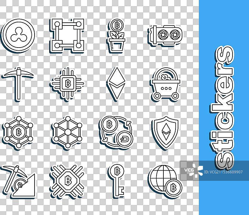 设置线条地球仪和加密货币比特币硬币图片素材