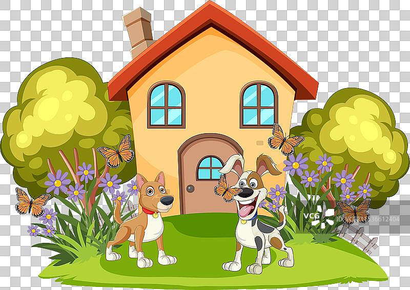 两只快乐的狗在一座小房子前面图片素材