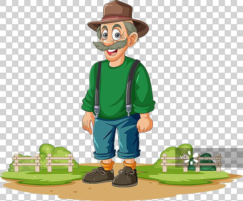 快乐的卡通农民站在蔬菜旁边图片素材