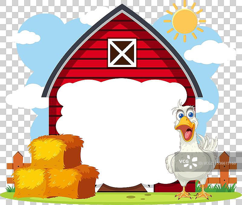 卡通鸡在红色谷仓前图片素材