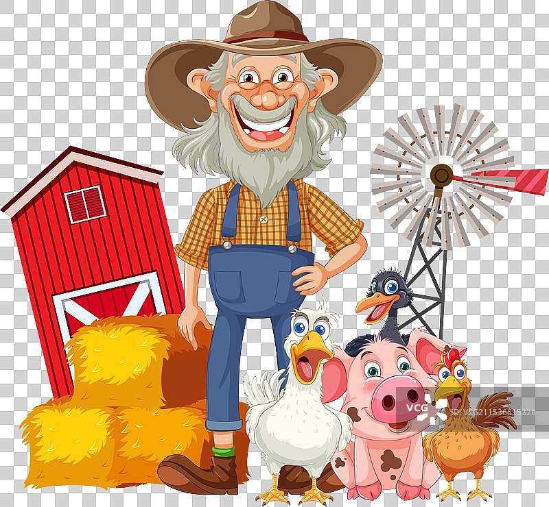 快乐的农民与各种农场动物站在一起图片素材