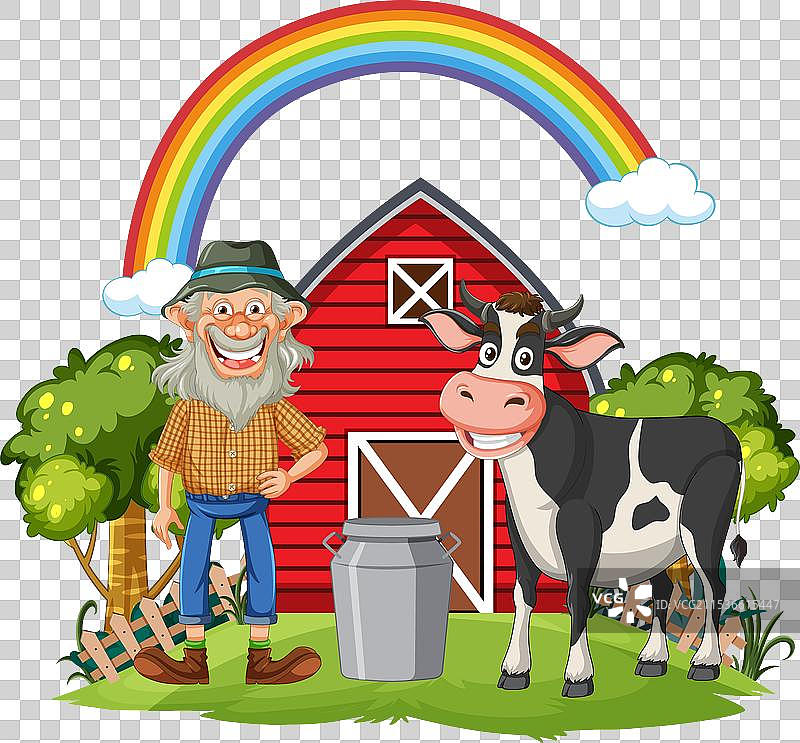 快乐的农民站在一头牛和谷仓旁边图片素材