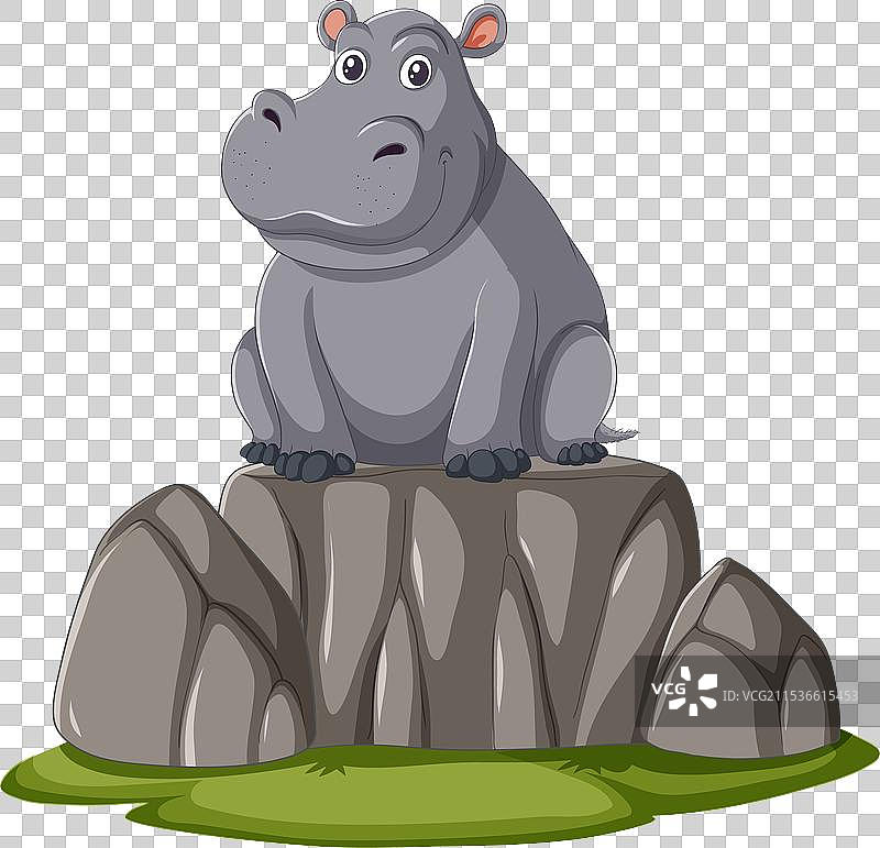 一只快乐的卡通河马坐在岩石上图片素材