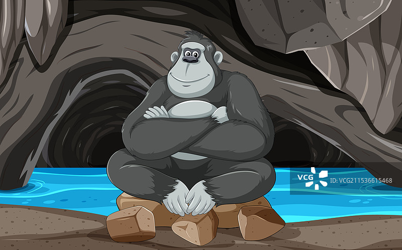 微笑的猩猩坐在宁静的蓝色河边图片素材