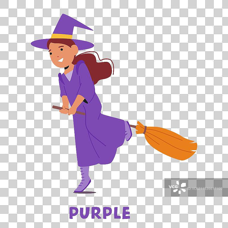 穿着紫色衣服的年轻卡通女巫骑着一只图片素材