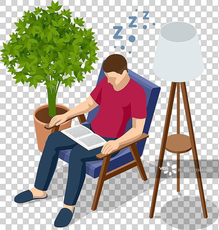 等距年轻人读书时睡着了图片素材