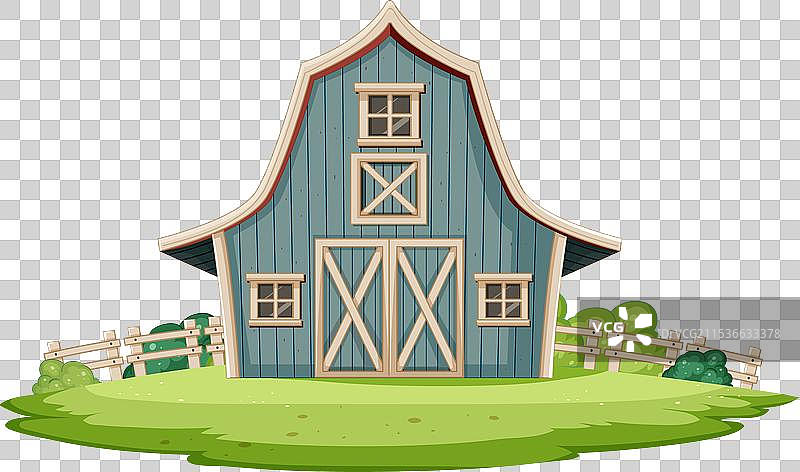 古雅的蓝色谷仓，白色边框映衬在绿意盎然的背景中图片素材