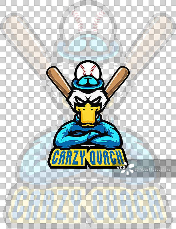 疯狂鸭子棒球队吉祥物标志，球棒和球图片素材