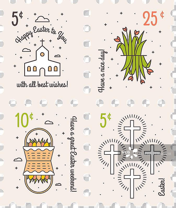 复活节邮票套装，采用柔和的色彩设计图片素材