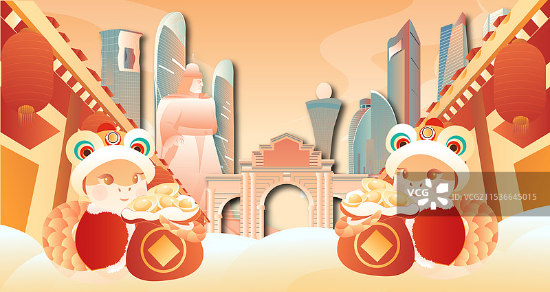 厦门蛇年年俗城市地标建筑横版矢量插画图片素材