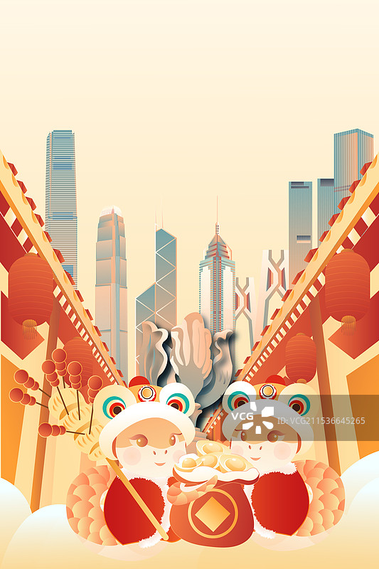 香港蛇年年俗城市地标建筑竖版矢量插画图片素材