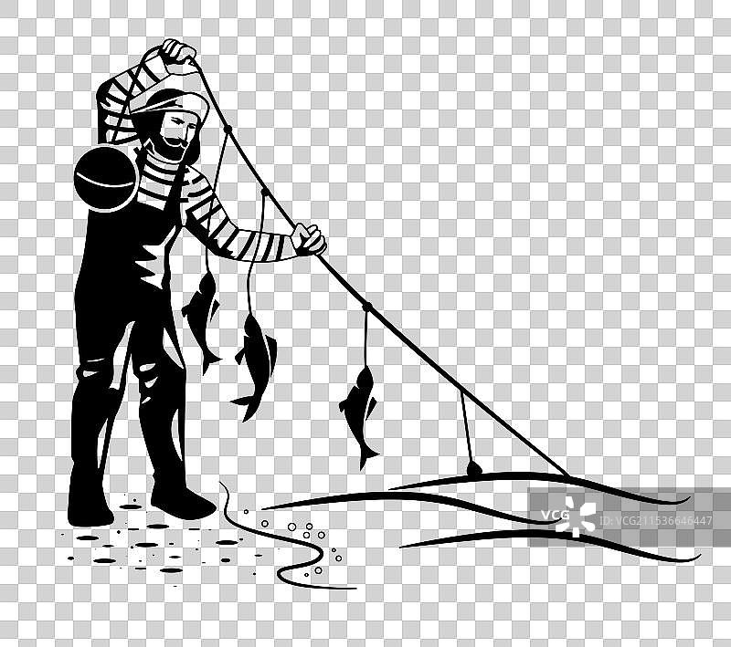 渔夫拉出一条挂着鱼的拖钓线图片素材