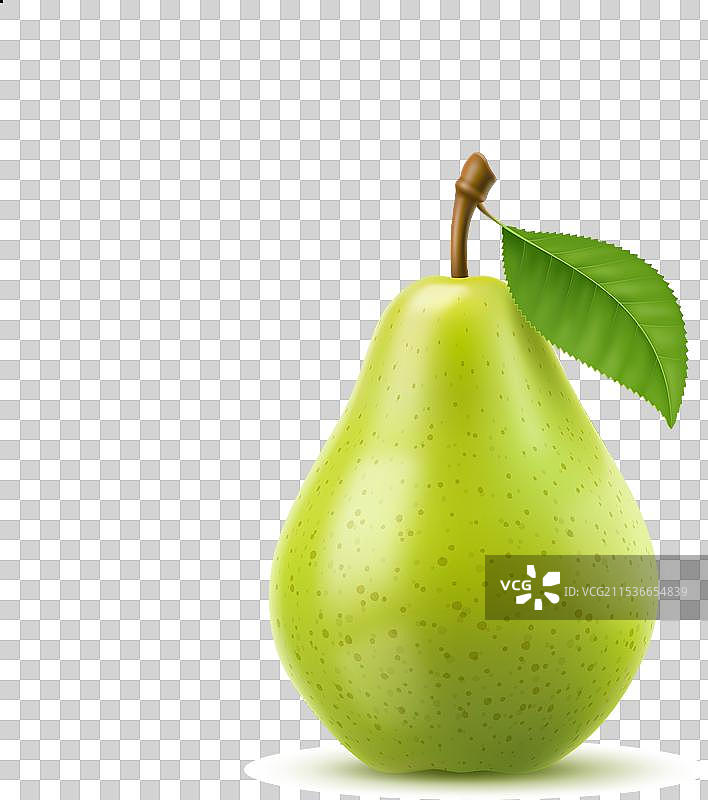 新鲜逼真的绿色梨子，整颗水果带叶子图片素材