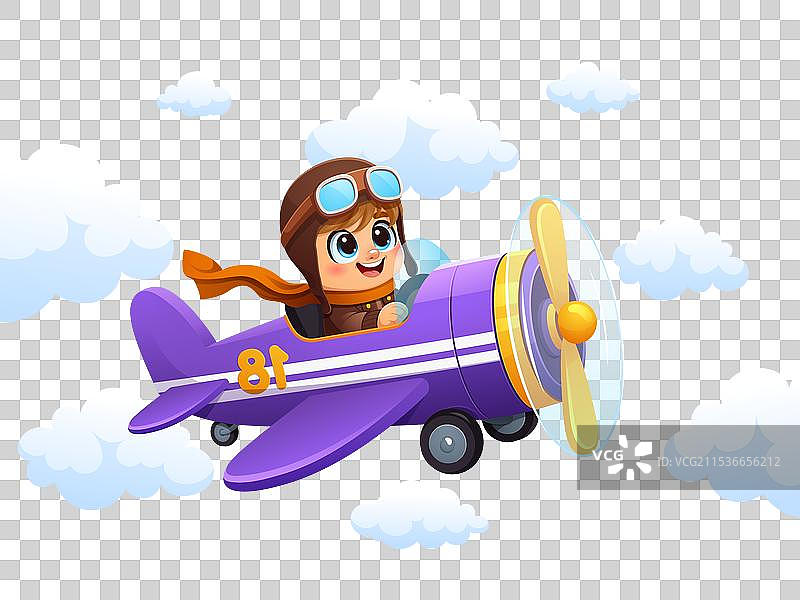 男孩在飞机上飞翔，穿越天空中的云朵图片素材