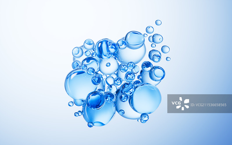 透明水珠气泡蓝色背景三维渲染图片素材