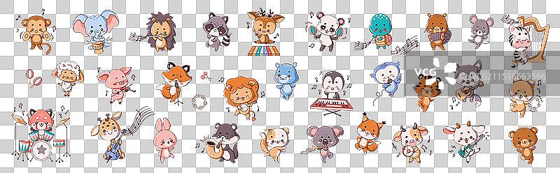 可爱的动物们与乐器，平面色彩图片素材