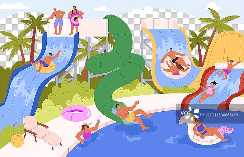 快乐的人们在水上乐园享受水上活动图片素材