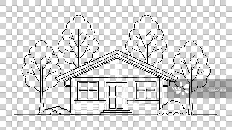 白桦木平房连续线条艺术图形孤立展示图片素材