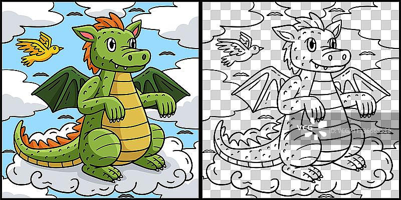 坐在云上的龙涂色画图片素材