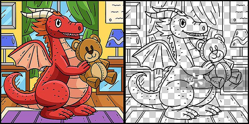 抱着熊玩偶的龙涂色页图片素材