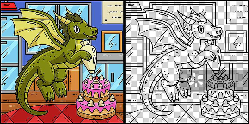 龙装饰蛋糕的涂色页图片素材