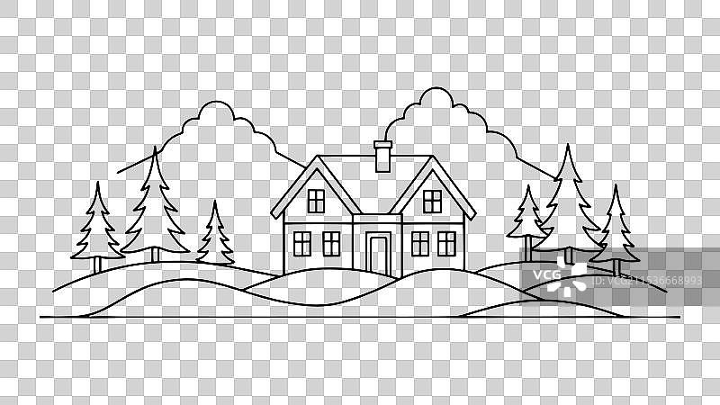 松山农舍连续线条艺术孤立图形图片素材