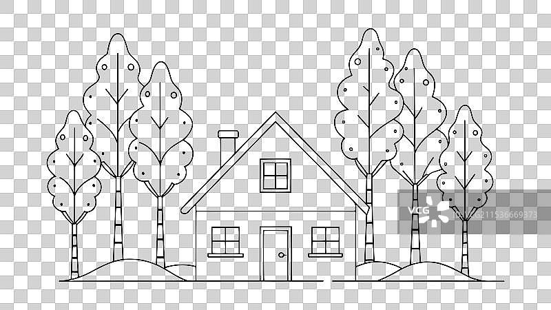 银白桦树房屋连续线条艺术图形孤立设计图片素材
