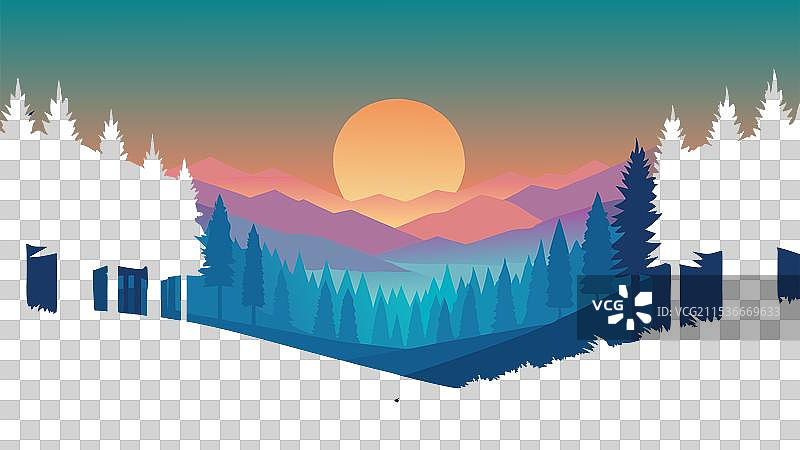 日落照亮了朦胧的森林，融为一体图片素材