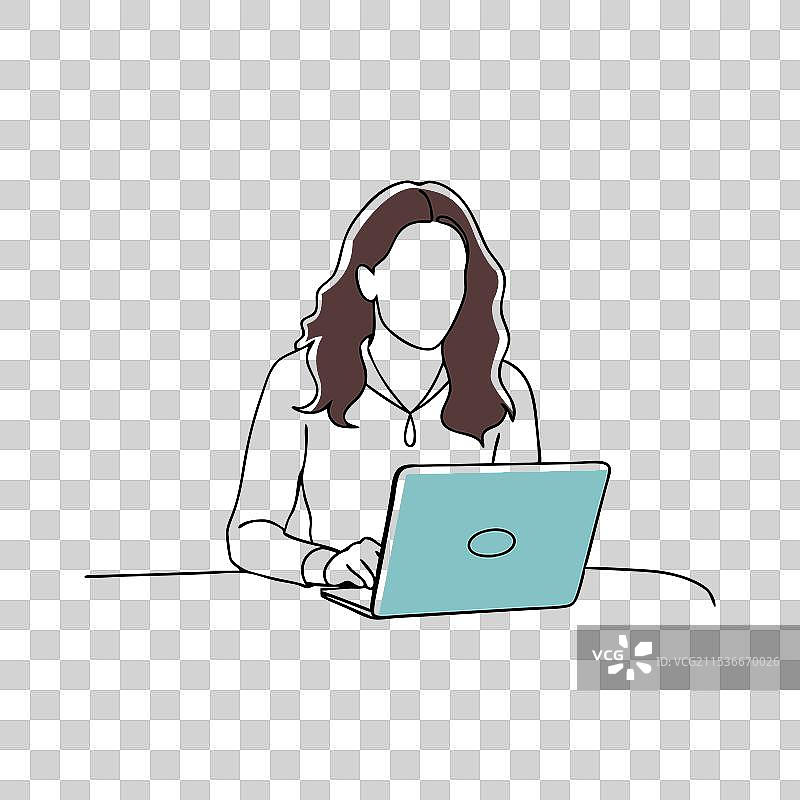 专注于笔记本电脑的女性连续黑线图形图片素材