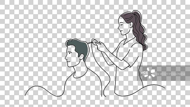 女人为男人修剪头发的连续线条艺术图片素材
