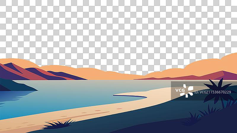 日落时分的海滩，柔软的沙滩和郁郁葱葱的植被图片素材