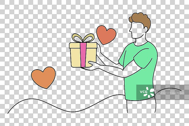 男人愉快地展示一个装饰精美的礼品盒图片素材