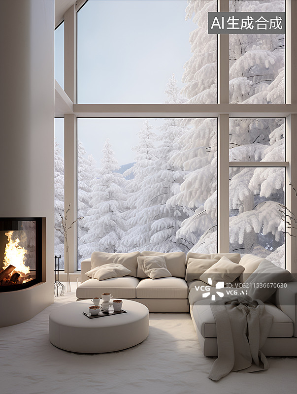 【AI数字艺术】冬天室内沙发边的壁炉图片素材
