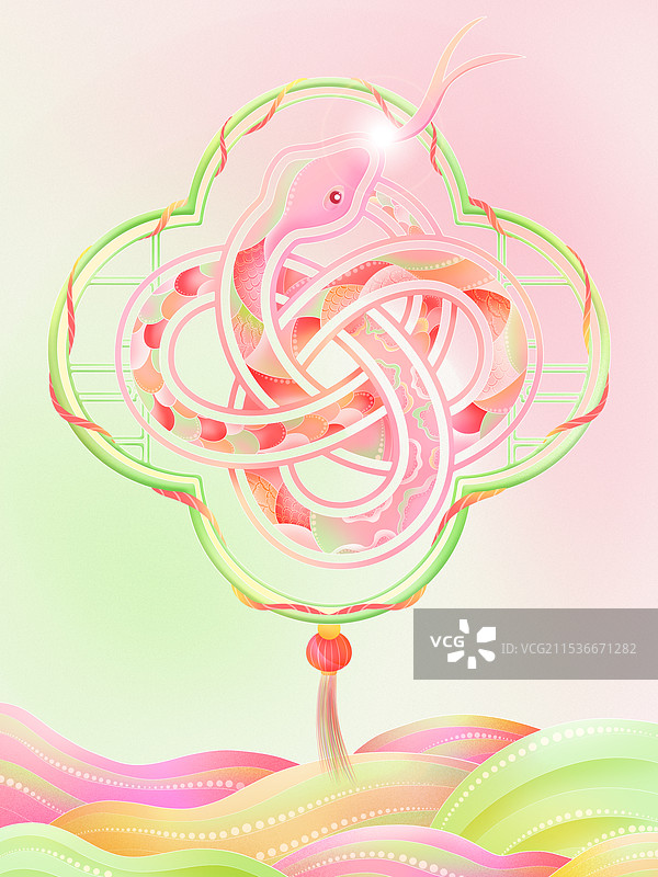 蛇年中国结生肖蛇国风海浪窗棂新年插画图片素材