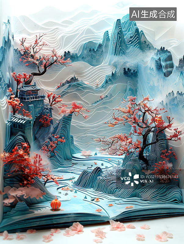 【AI数字艺术】3D立体剪纸风格打开的书卷呈现出一副中国古风山水画图片素材