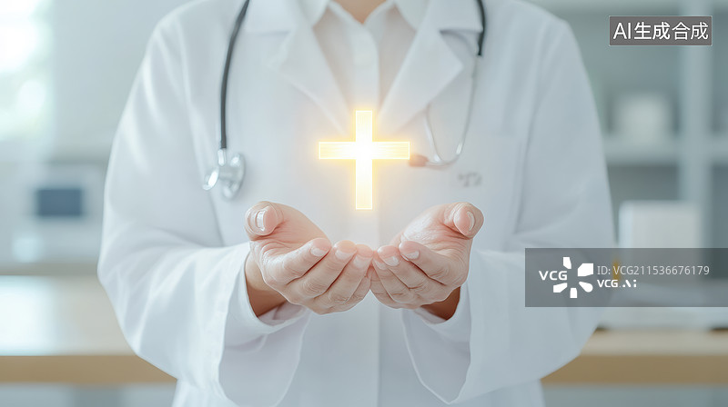 【AI数字艺术】医生手中的发光十字架图片素材