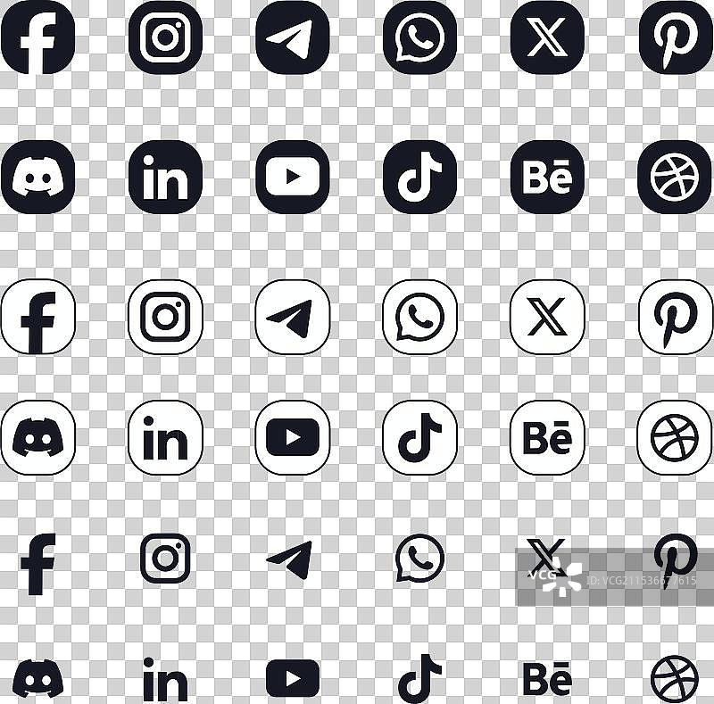 一组黑白社交媒体logo图标图片素材