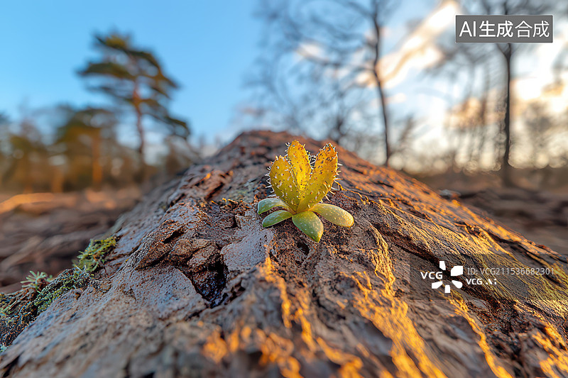 【AI数字艺术】树干新生植物发芽图片素材