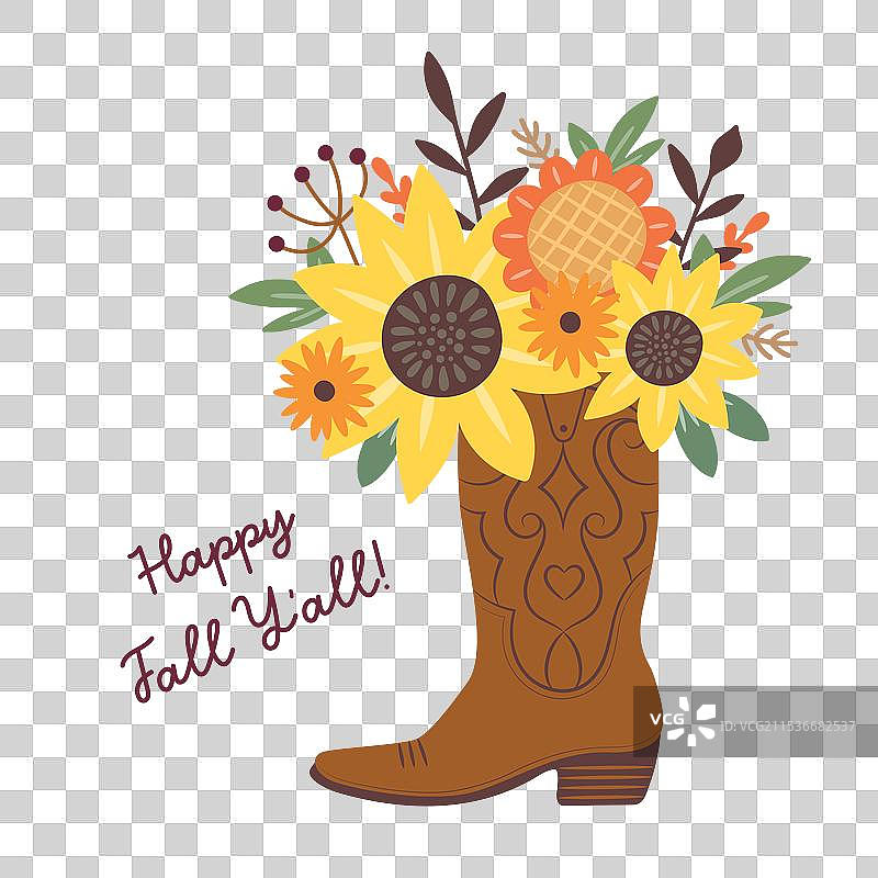 西部牛仔靴与秋季花卉图片素材
