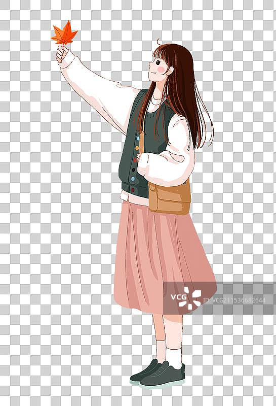 小清新扁平插画一个穿着秋冬装拿着红叶的休闲女孩图片素材